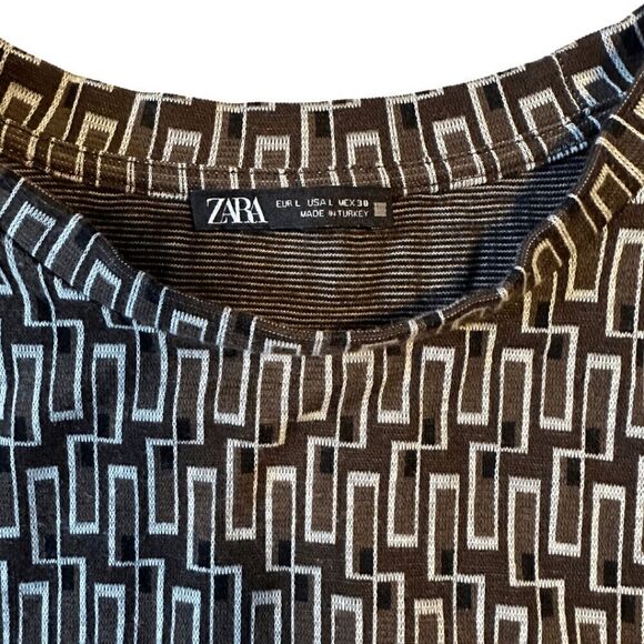 Zara Womens Brown Geometric Crew Neck Knitted Long Sleeve Crop Top Large - Picture 5 of 6
